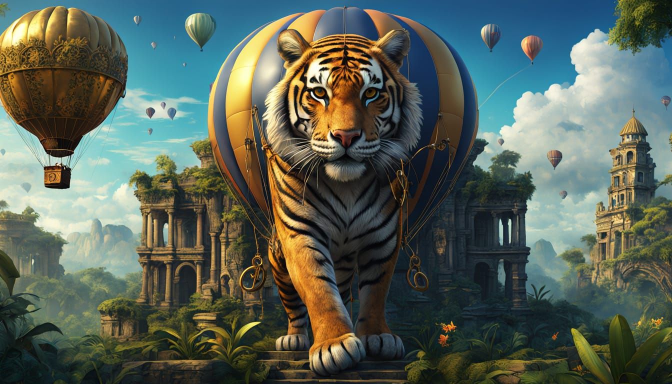 Victorian Tiger Hot Air Balloon in Rainforest Ruins