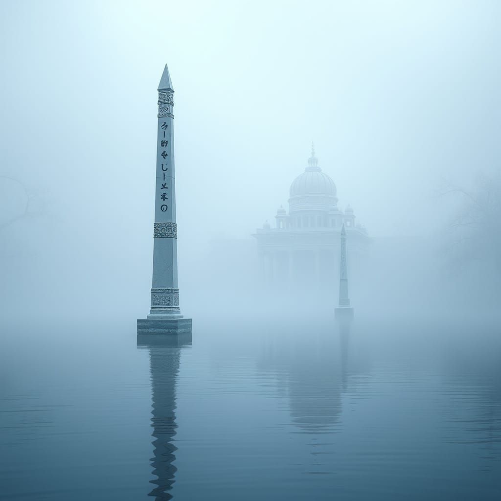 Ethereal River Shrine Emerges from Blue Grey Fog