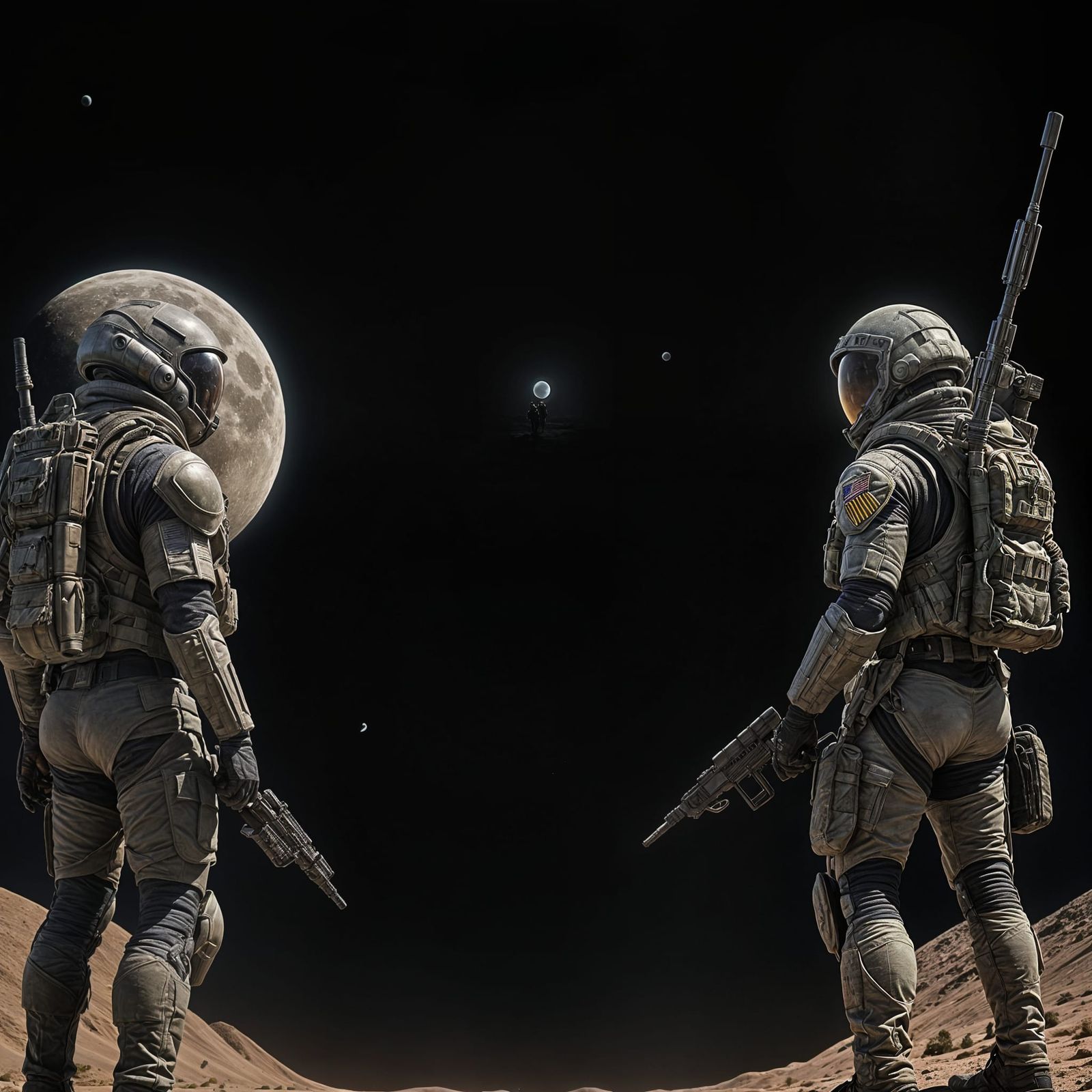 Soldiers on Alien Planet with Giant Moon