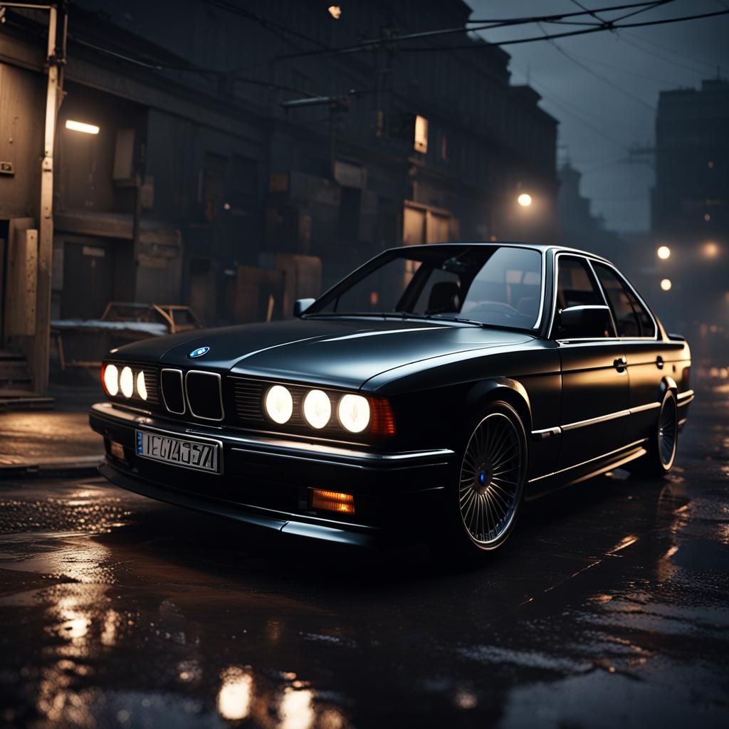BMW E34 in Dark City, Ultra Realistic Render