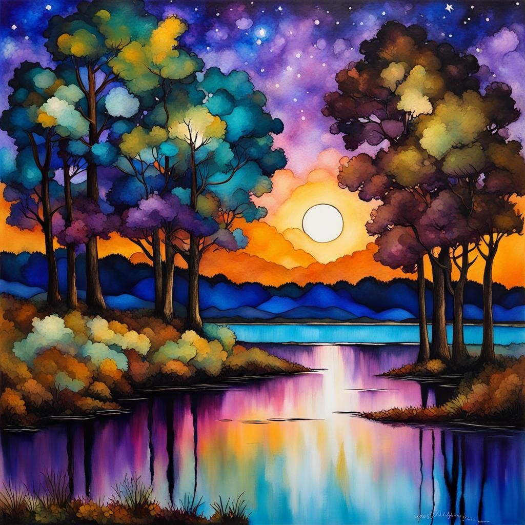 Oak Forest at Twilight: Neo-Impressionistic Alcohol Ink Art
