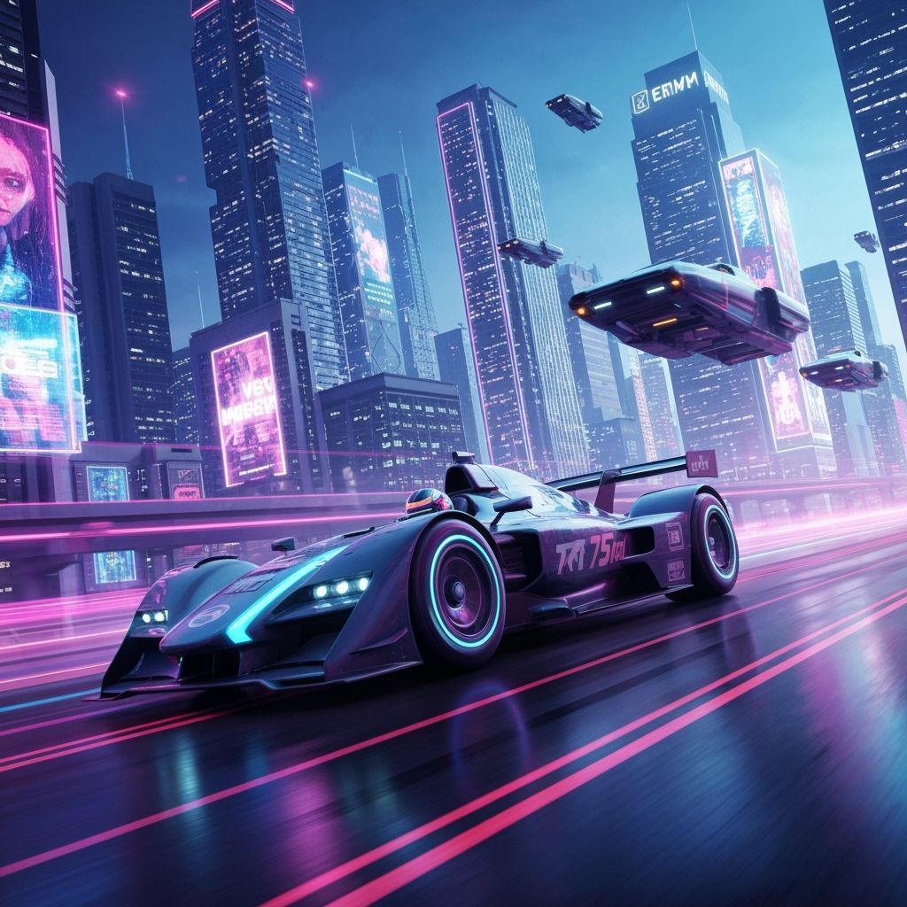 Futuristic Race Car Speeds Through Neon Cityscape