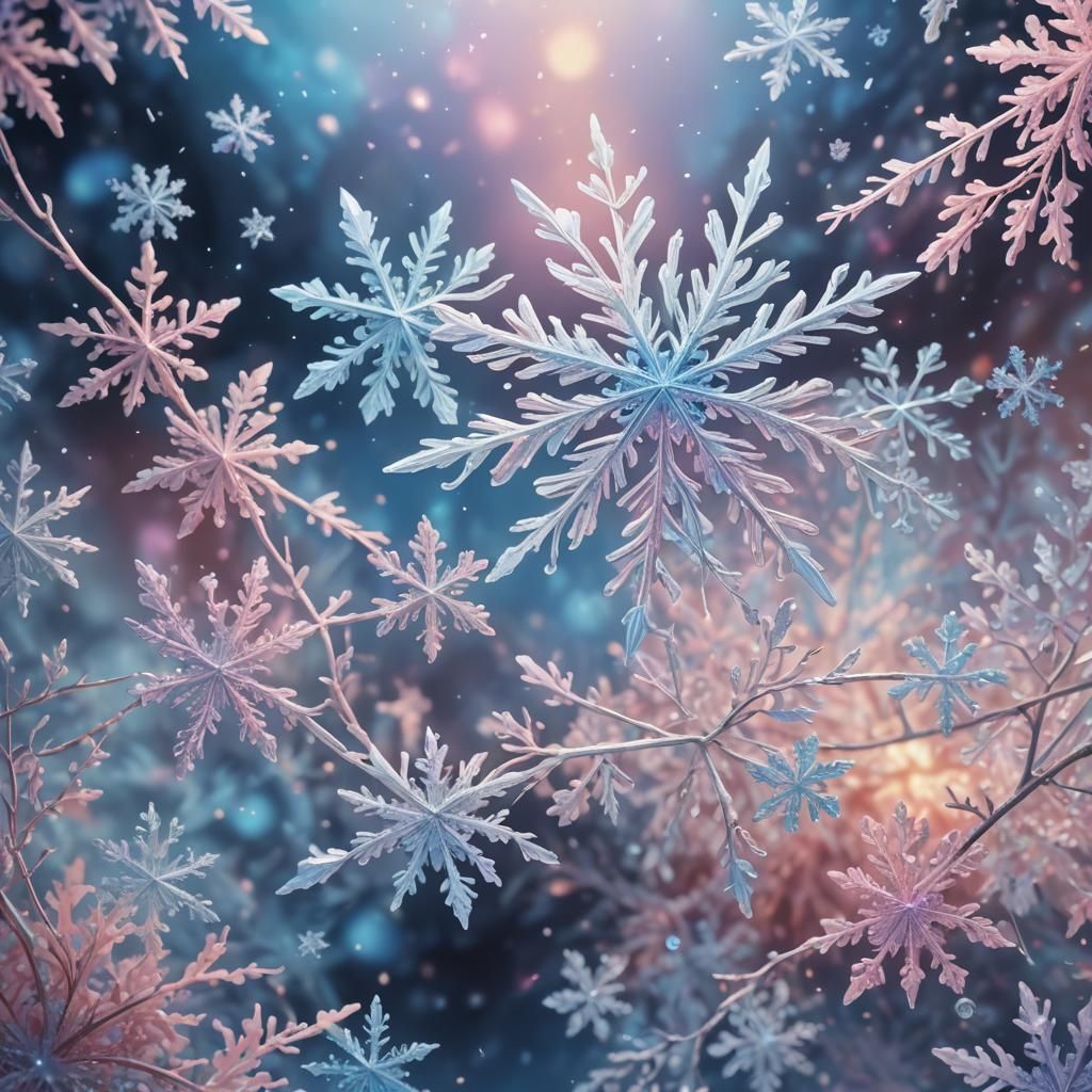 Delicate Snowflake Falls From Iridescent Heaven