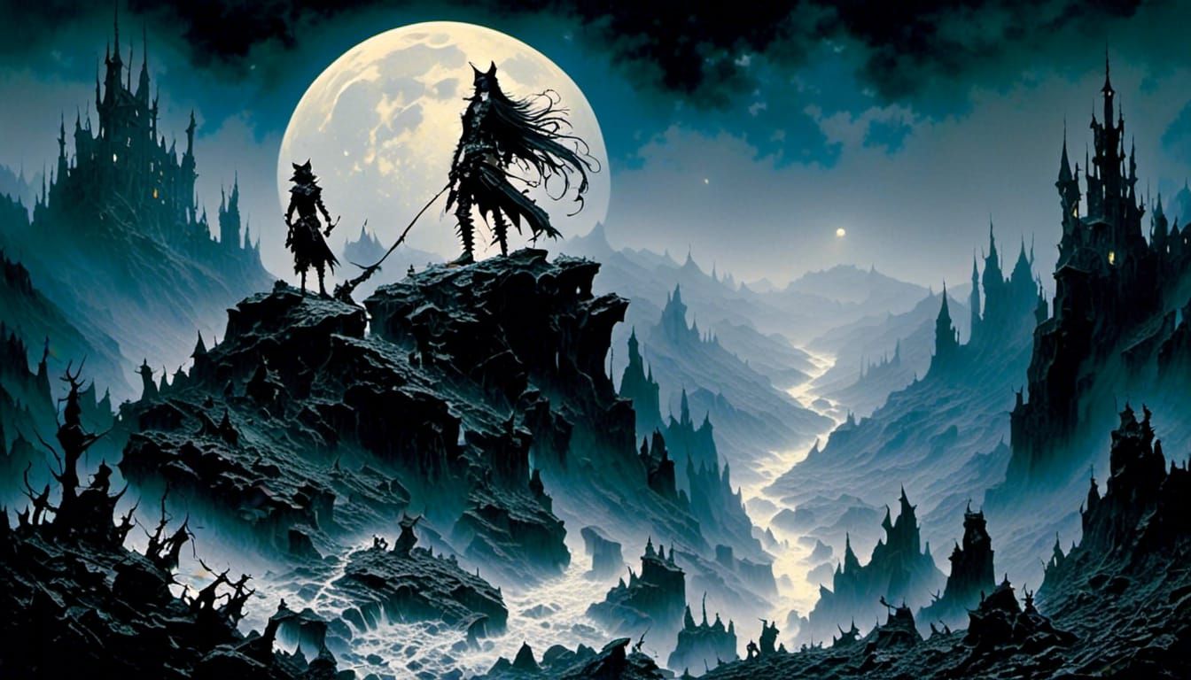 Mountain Climbing Creature Under Moonlight, Impasto Style