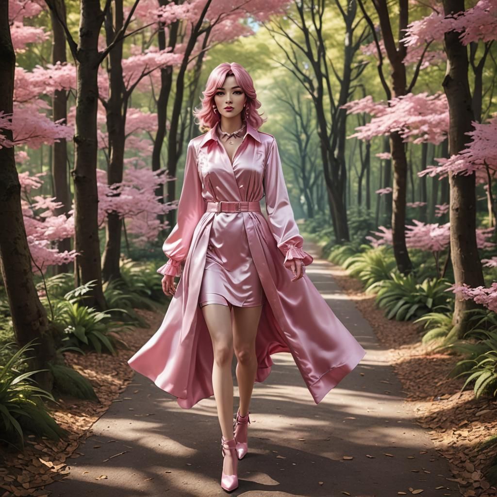 Trans Woman in Pink Satin in Anime Style