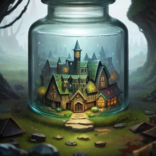 Elven Village-scape in a Bottle: Hyperrealistic Concept Art