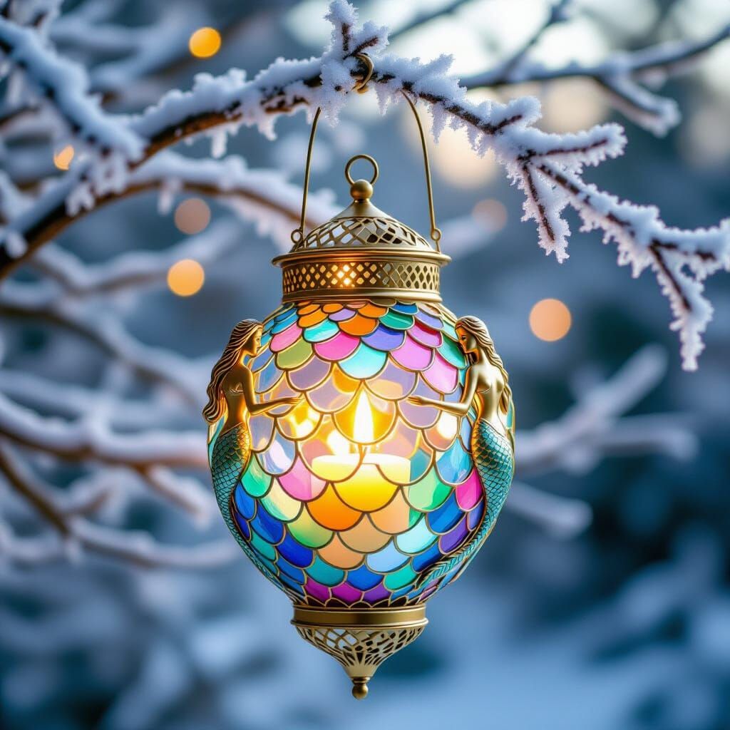 Mermaid Lantern on Frosty Branch in Pastel Glass