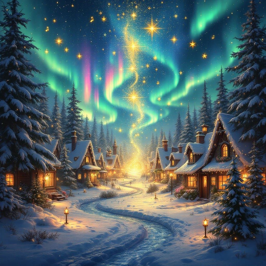 Mystical Christmas Village with Aurora Borealis and Soul Por...