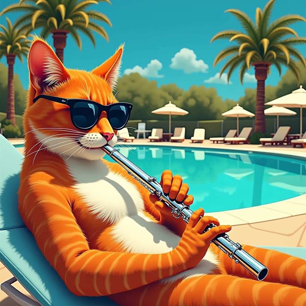 Cat Flute Player: A Summer Jazz Club Scene