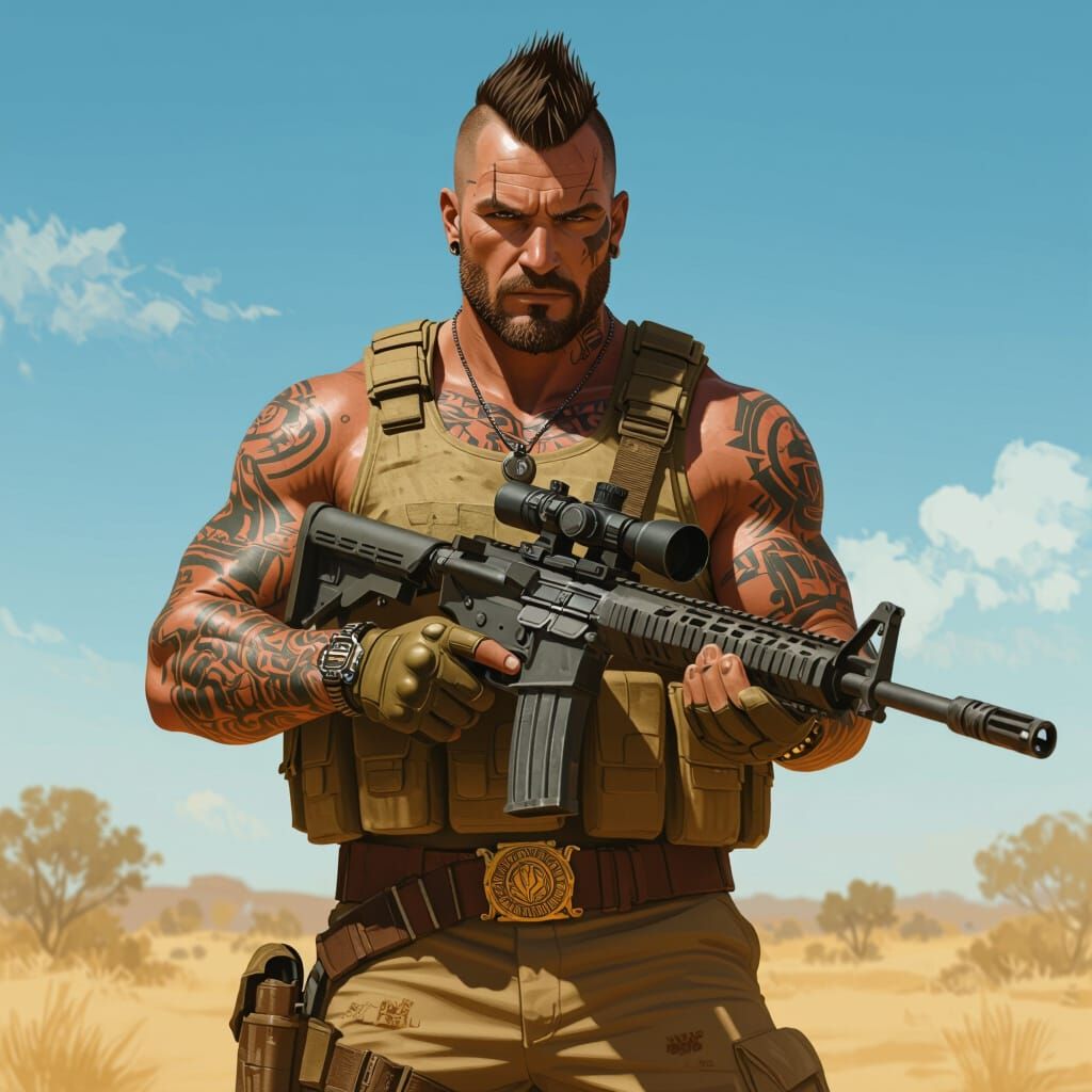 Tattooed Aussie Soldier with Sniper Rifle