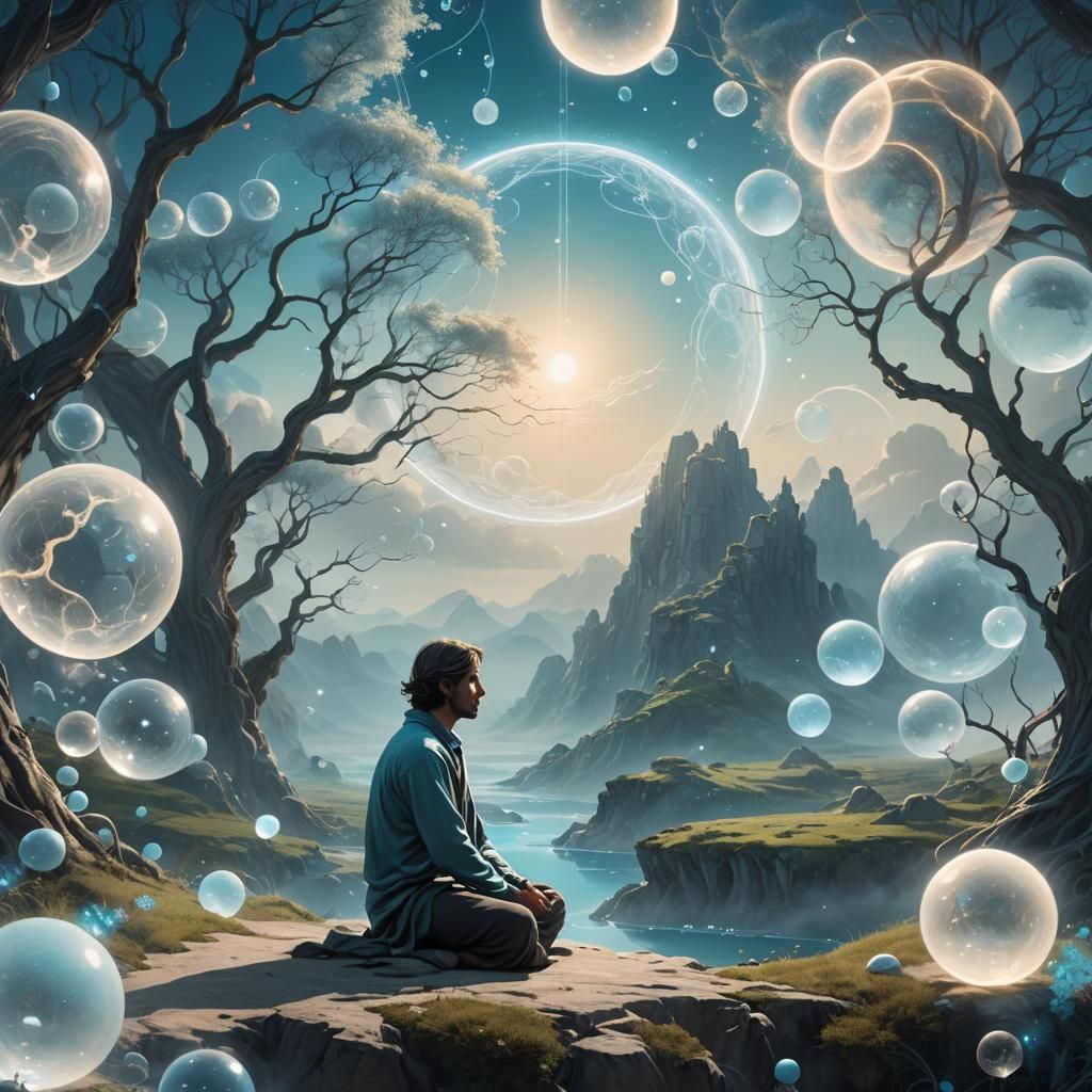 Contemplative Figure in Azure Landscape: Surreal Digital Art