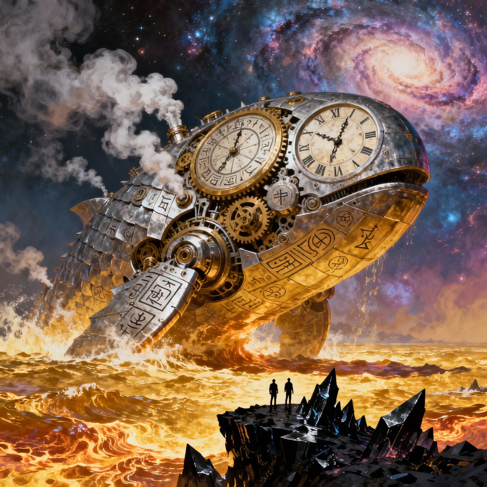 Clockwork Leviathan Emerges from Molten Gold Sea