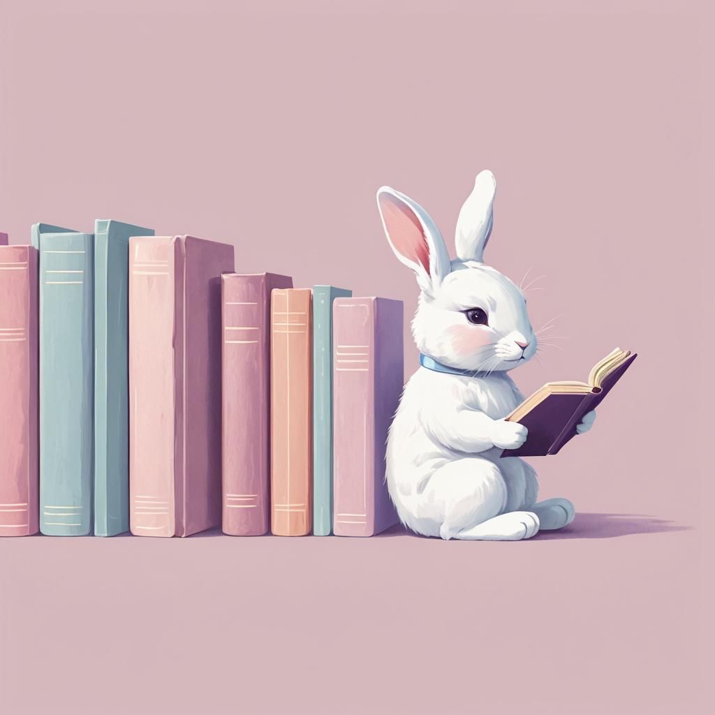 Whimsical Bunny Reading Book in Pastel Colors