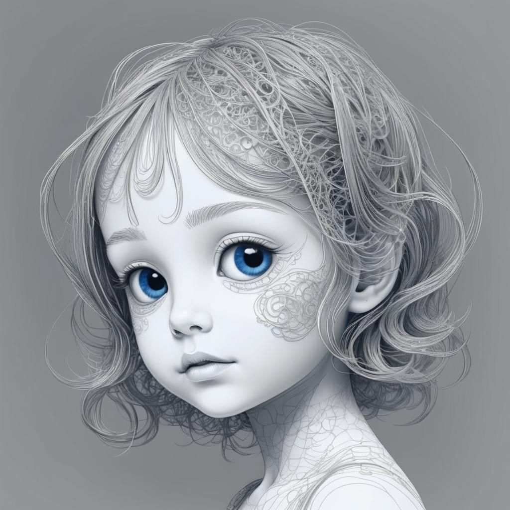 Child's Face in Fine Line Style with Fractals