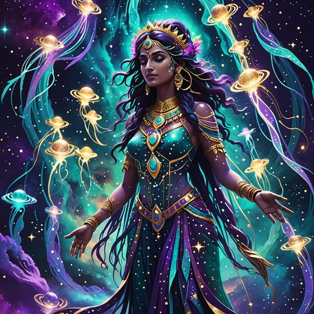 Indian Star Goddess in Cosmic Landscape, Digital Art