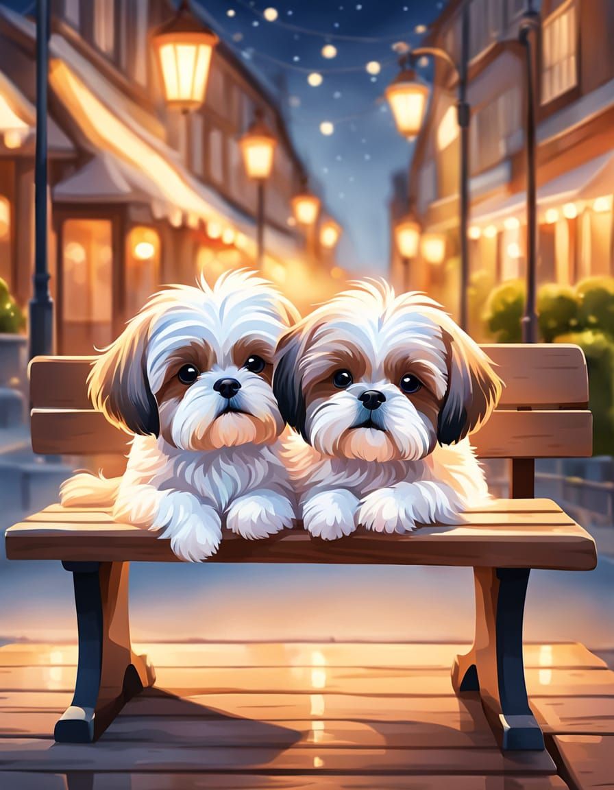 Shih Tzu Cartoon Dogs on Bench, Watercolor Style