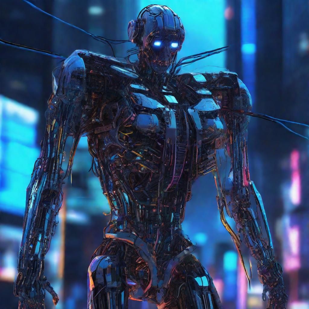 Cyberpunk Robot Suspended in Neon Cityscape
