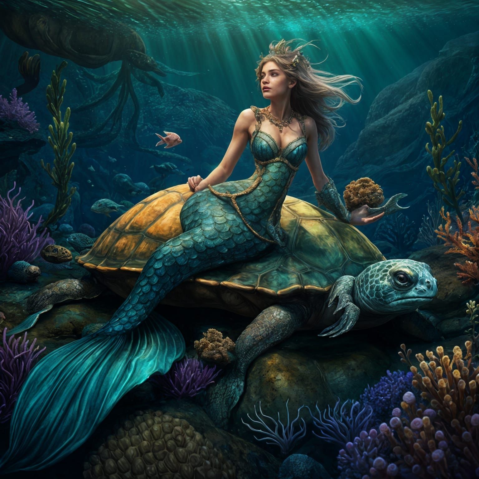 Mermaid Resting on Tortoise: Detailed Fantasy Art