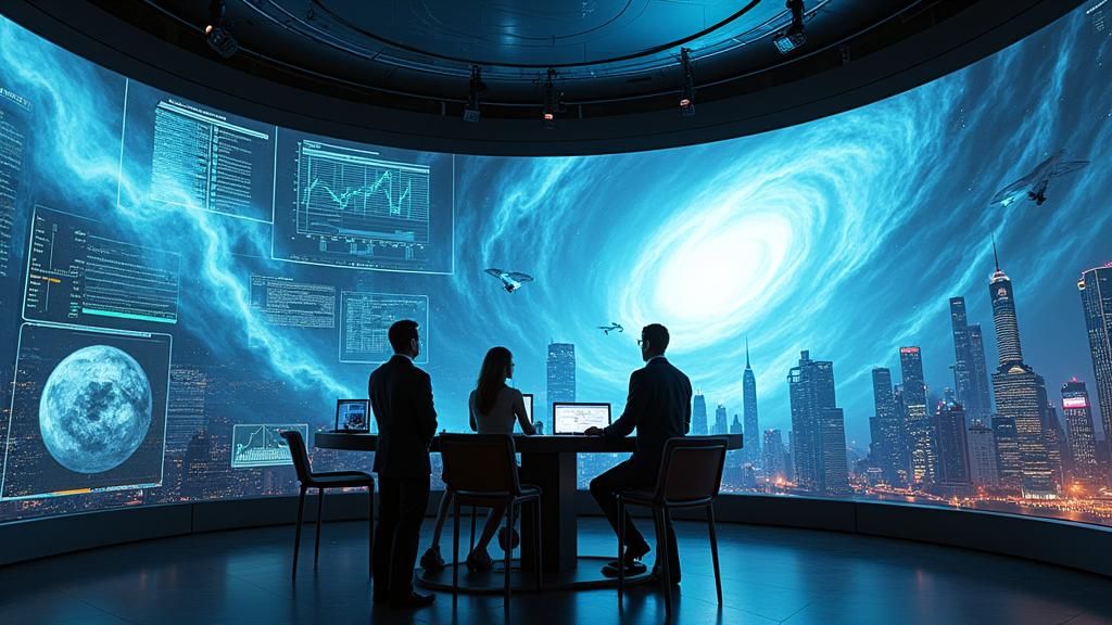 Futuristic Weather Center in Neon Cityscape