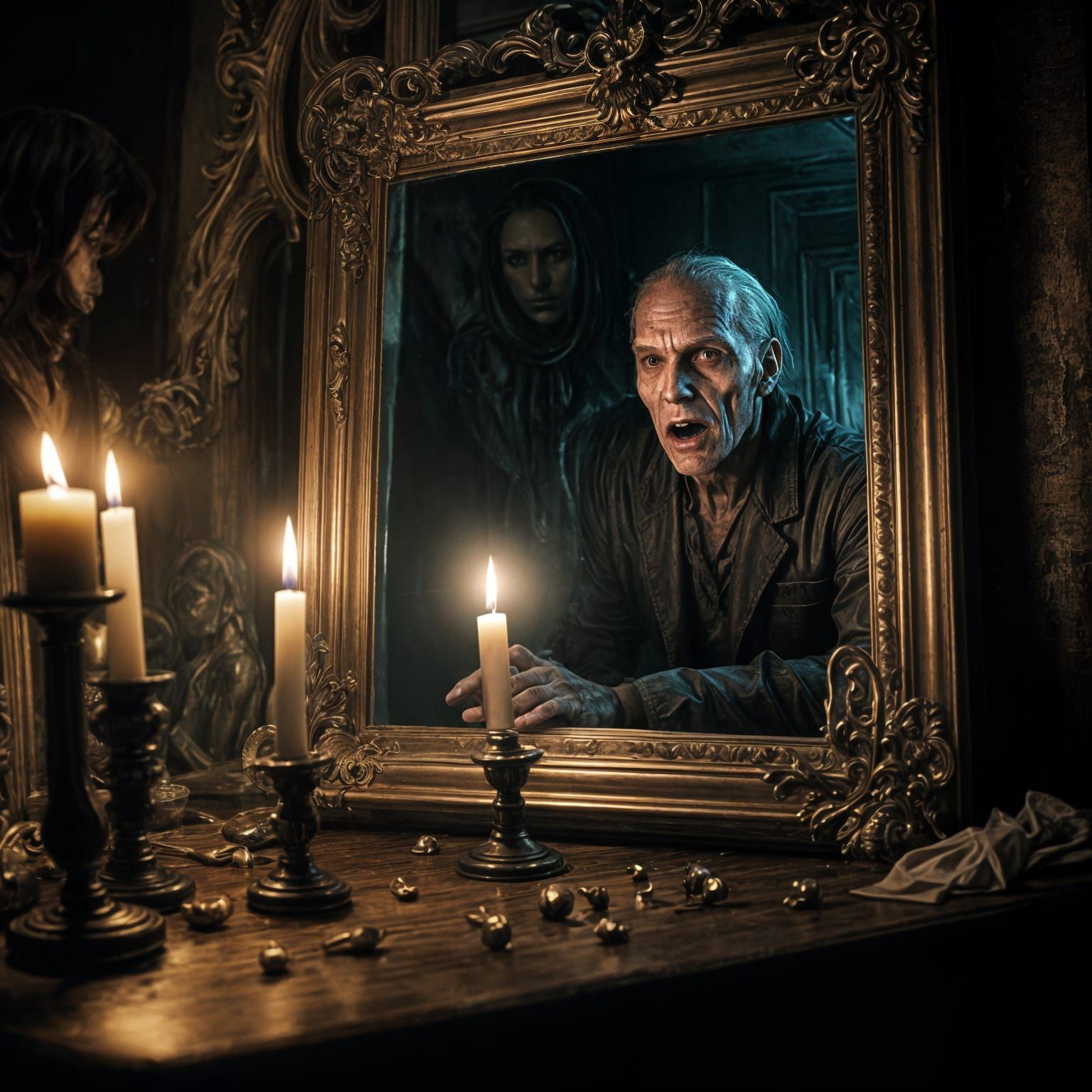 Ethereal Horror Figure Emerges from Antique Mirror in Haunti...