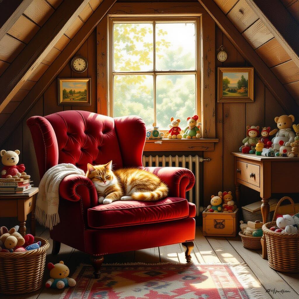 Cozy Attic Room with Cat, Vintage Toys in Oil Painting Style