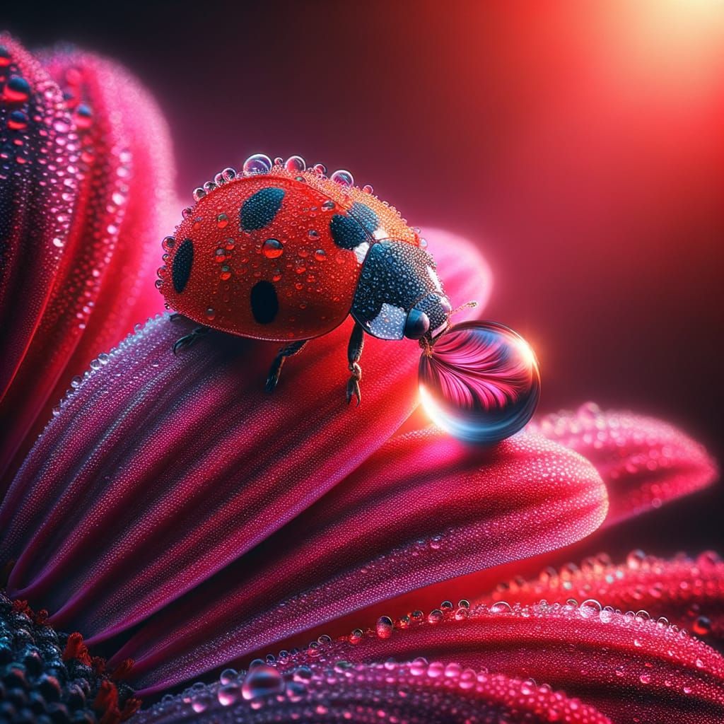 Macro Photo of Ladybug Drinking Dewdrop on Flower Petal