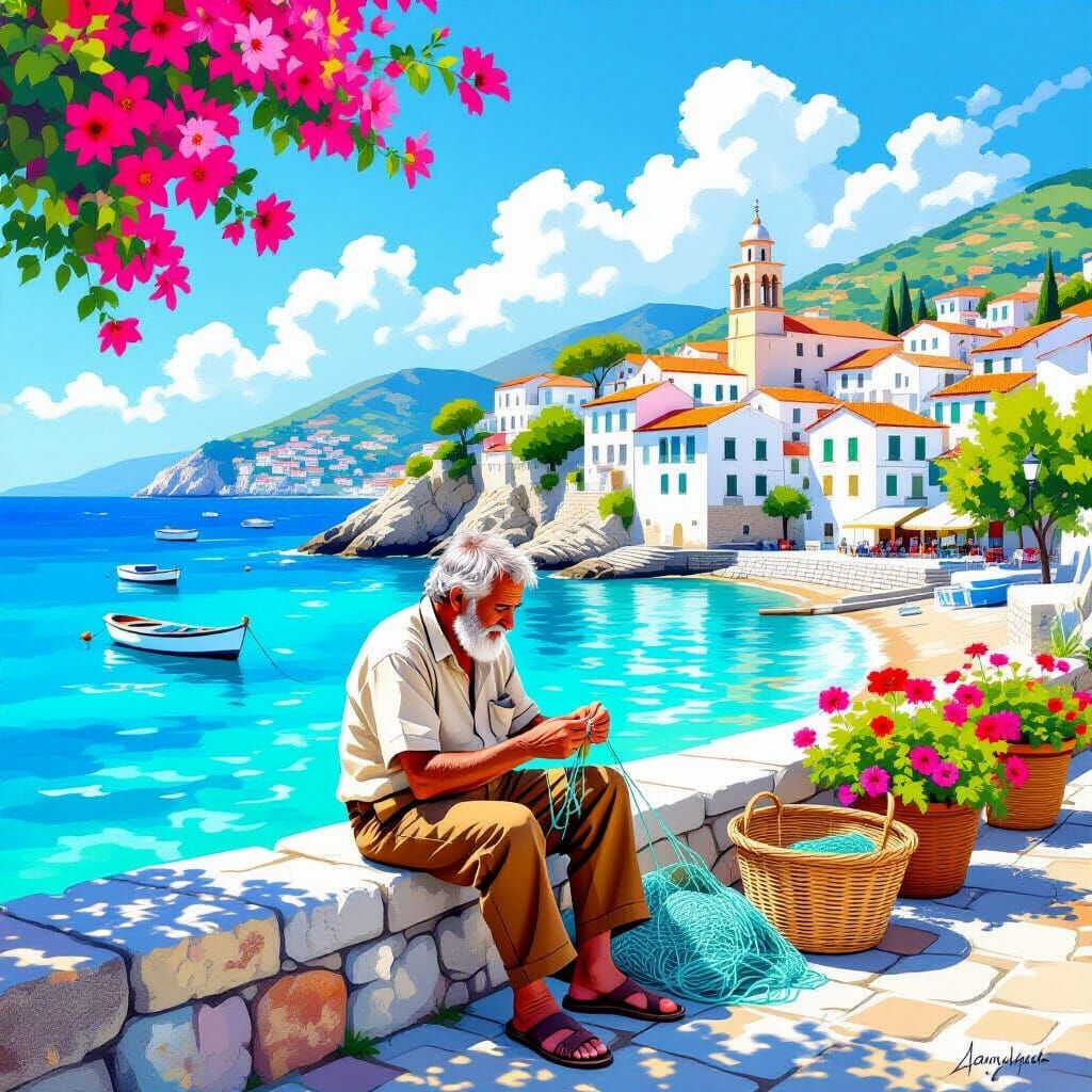 Elderly Fisherman Mending Nets by Mediterranean Sea