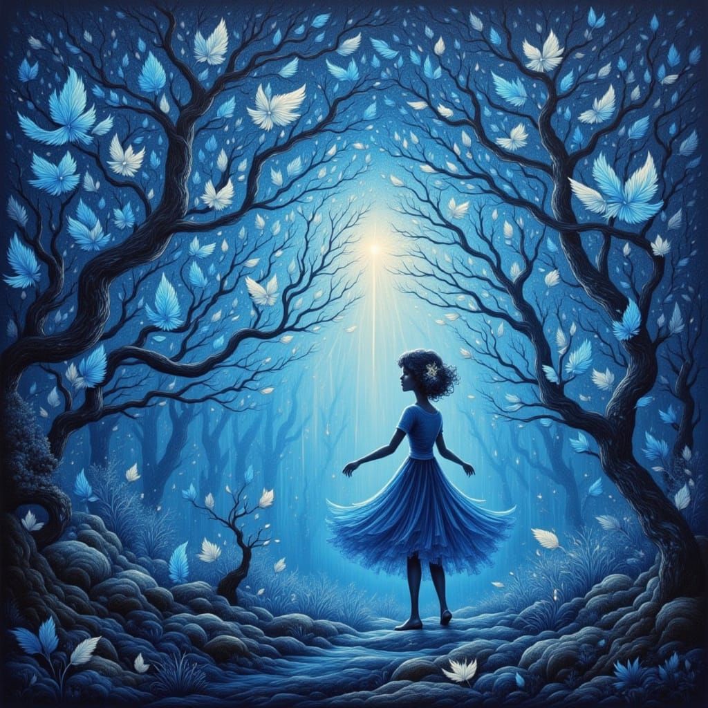 Woman Leads Blue Birds in Luminous Forest Oil Painting