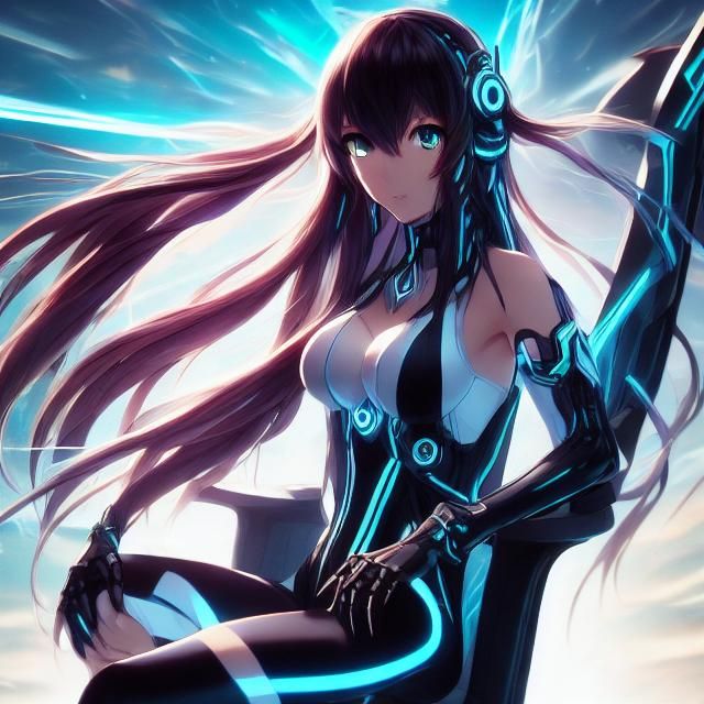 Close up portrait of an Anime brunette hair Female sitting, looking at camera. glowing, Anime, cartoon volumetric lighti...