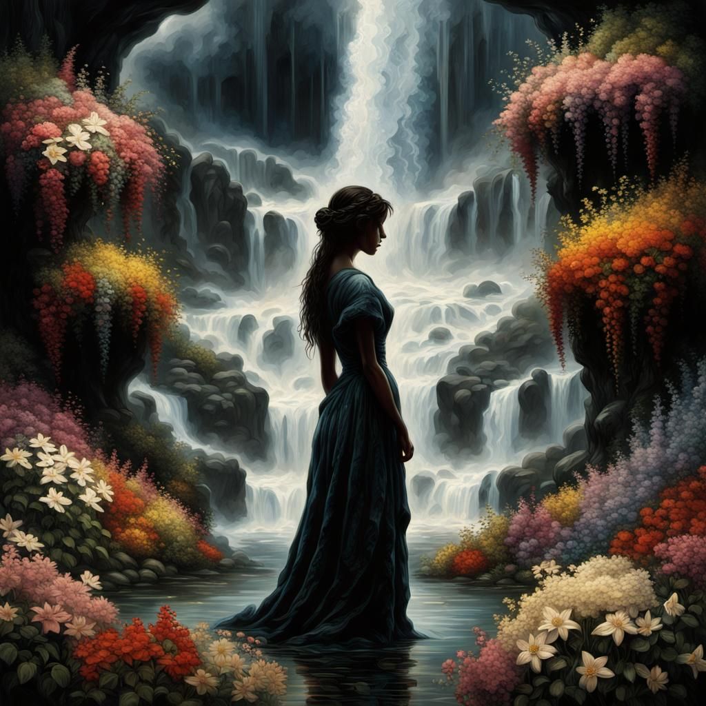 Thundering Cascade of Flowers with Woman Silhouette