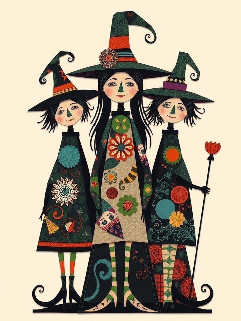Whimsical Abstract Witches in Cut Paper Collage Art
