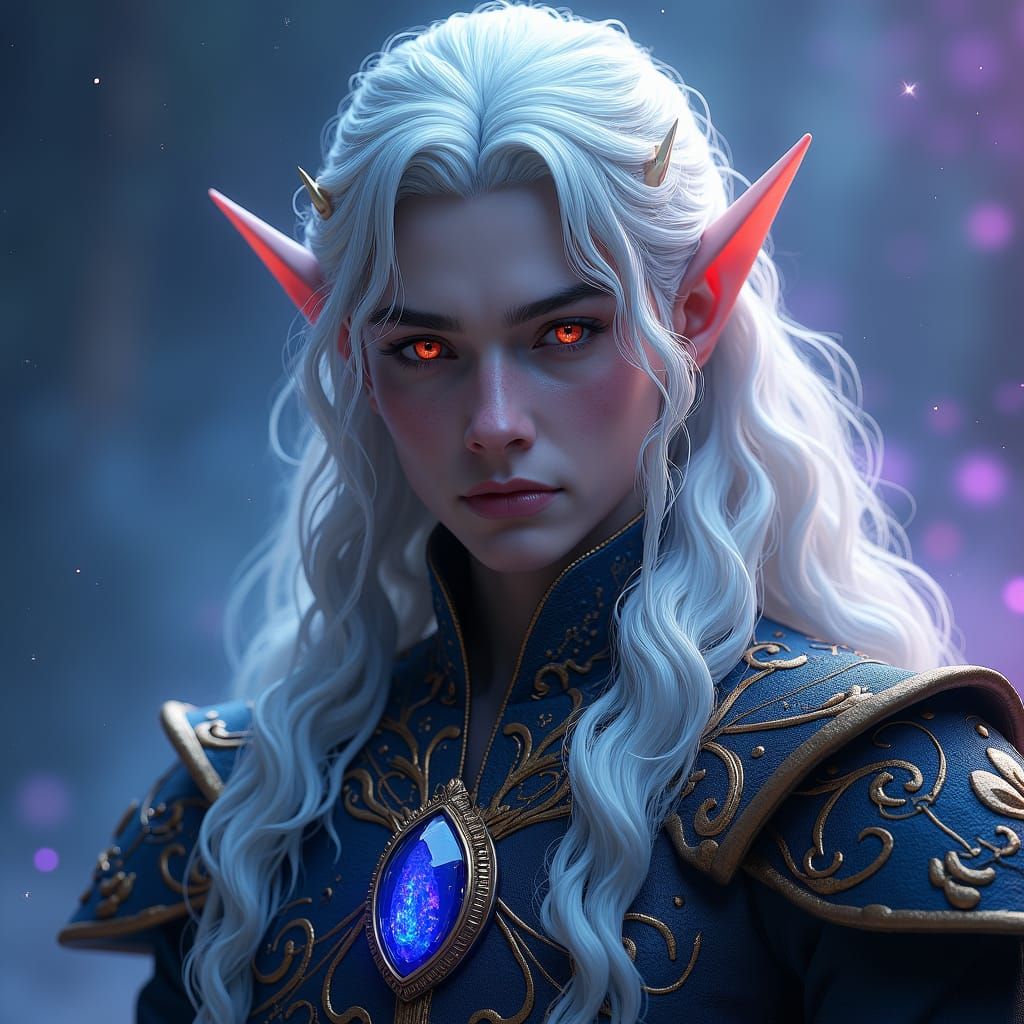 Regal Grey Elf with Red Eyes in Fantasy Attire