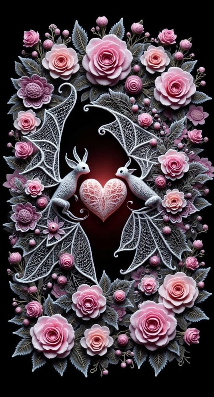 Intricate Lace Bats and Heart in Pastel Hues