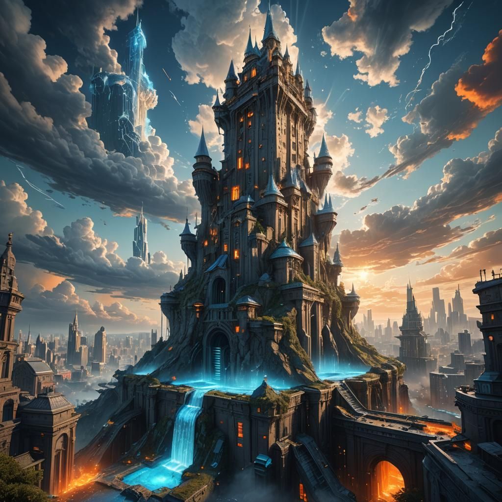 Colossal Bioluminescent Tower Over City: Fantasy Concept Art