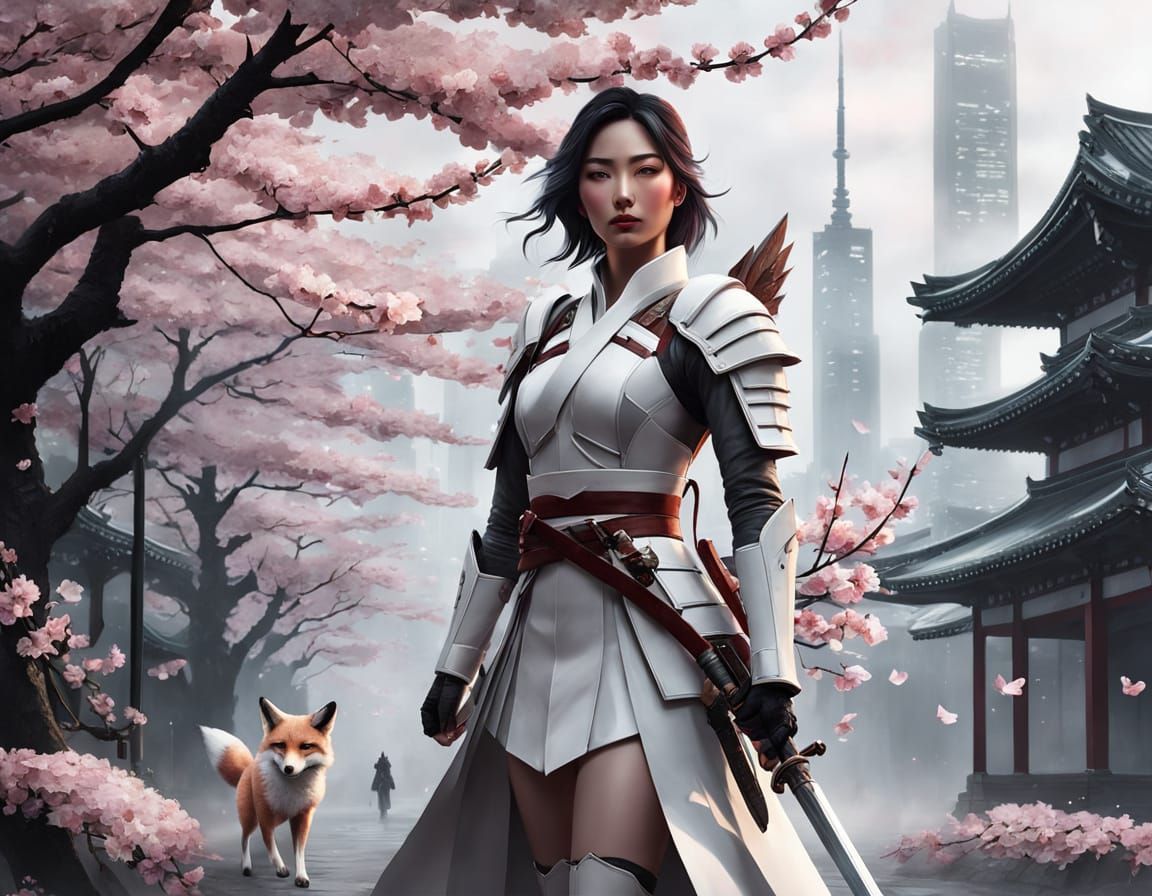 Ethereal Paper Girl and Fox in Sunrise Glow