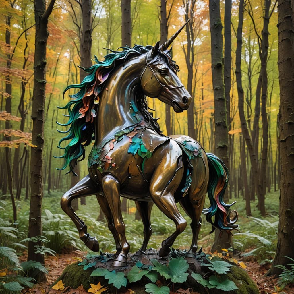 Happy Unicorn Bronze Sculpture in Forest