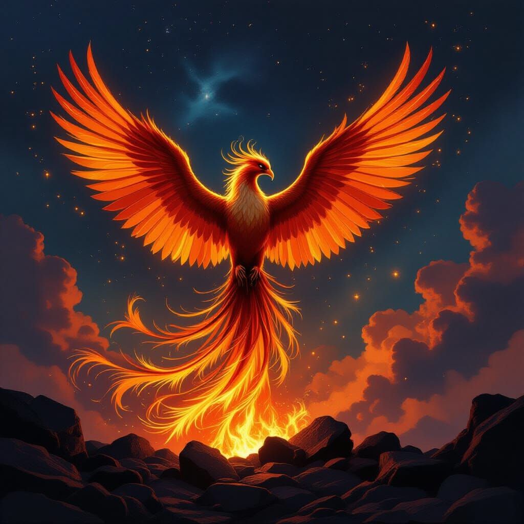 Majestic Phoenix Rises in Fiery Gold and Crimson
