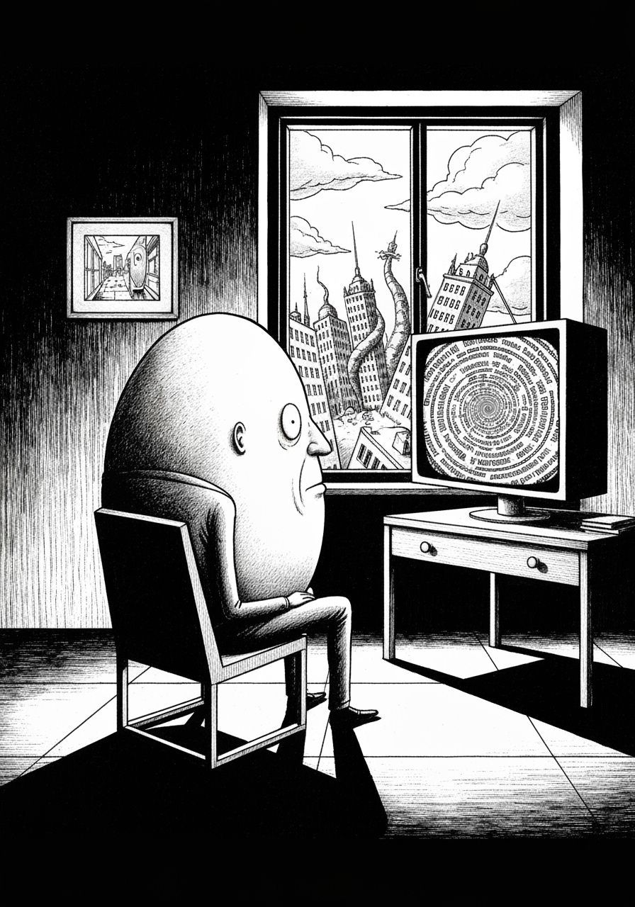 Absurdist Satire: Man Watches News Vortex in Stark Apartment