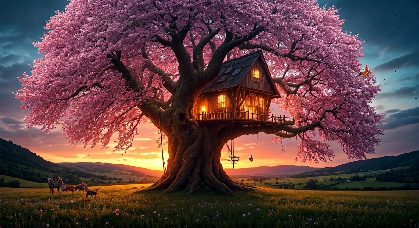Whimsical Cherry Tree with Treehouse at Sunset