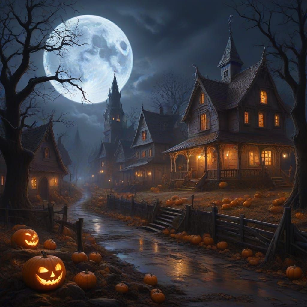 Spooky Autumn Village Under Crooked Moon