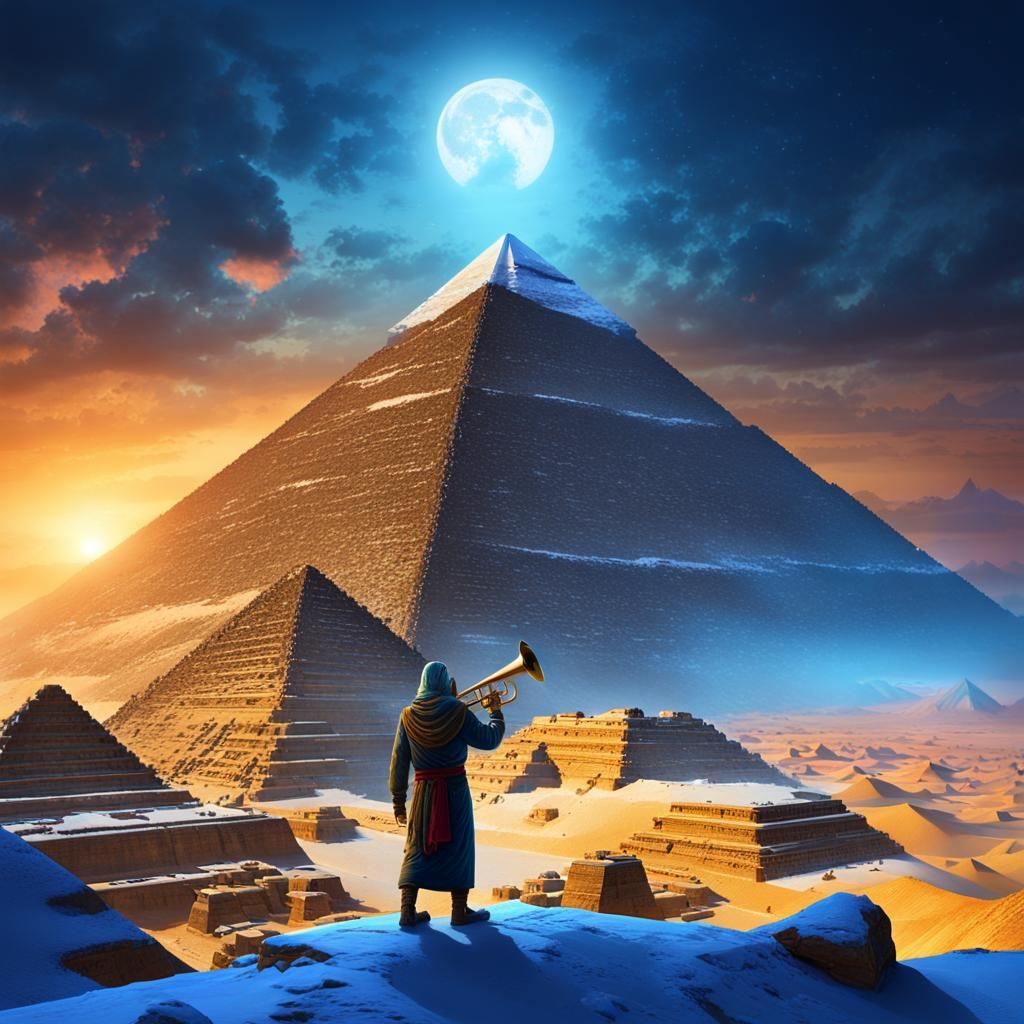 Trumpeter Plays for Sphinx in Snowy Desert Night