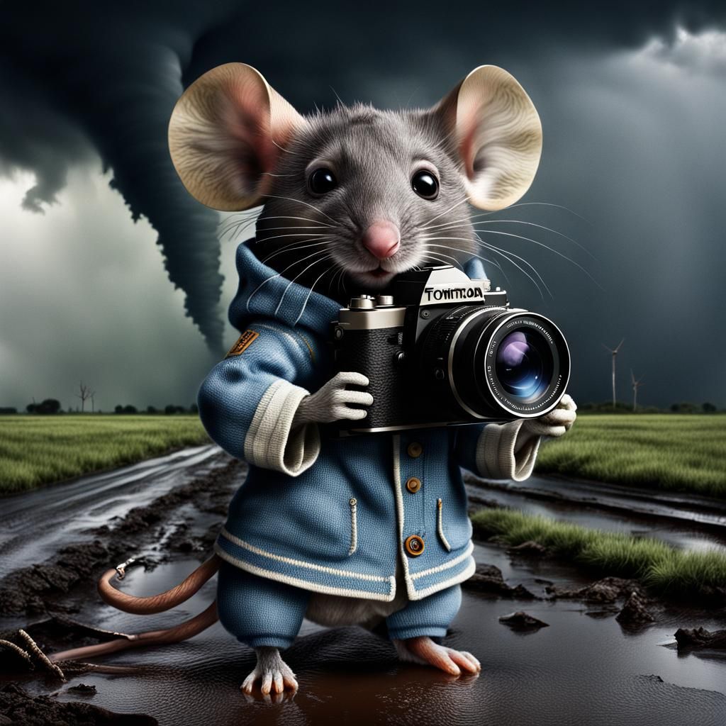 Hyperrealistic Chibi Mouse Photographer Tornado Chase
