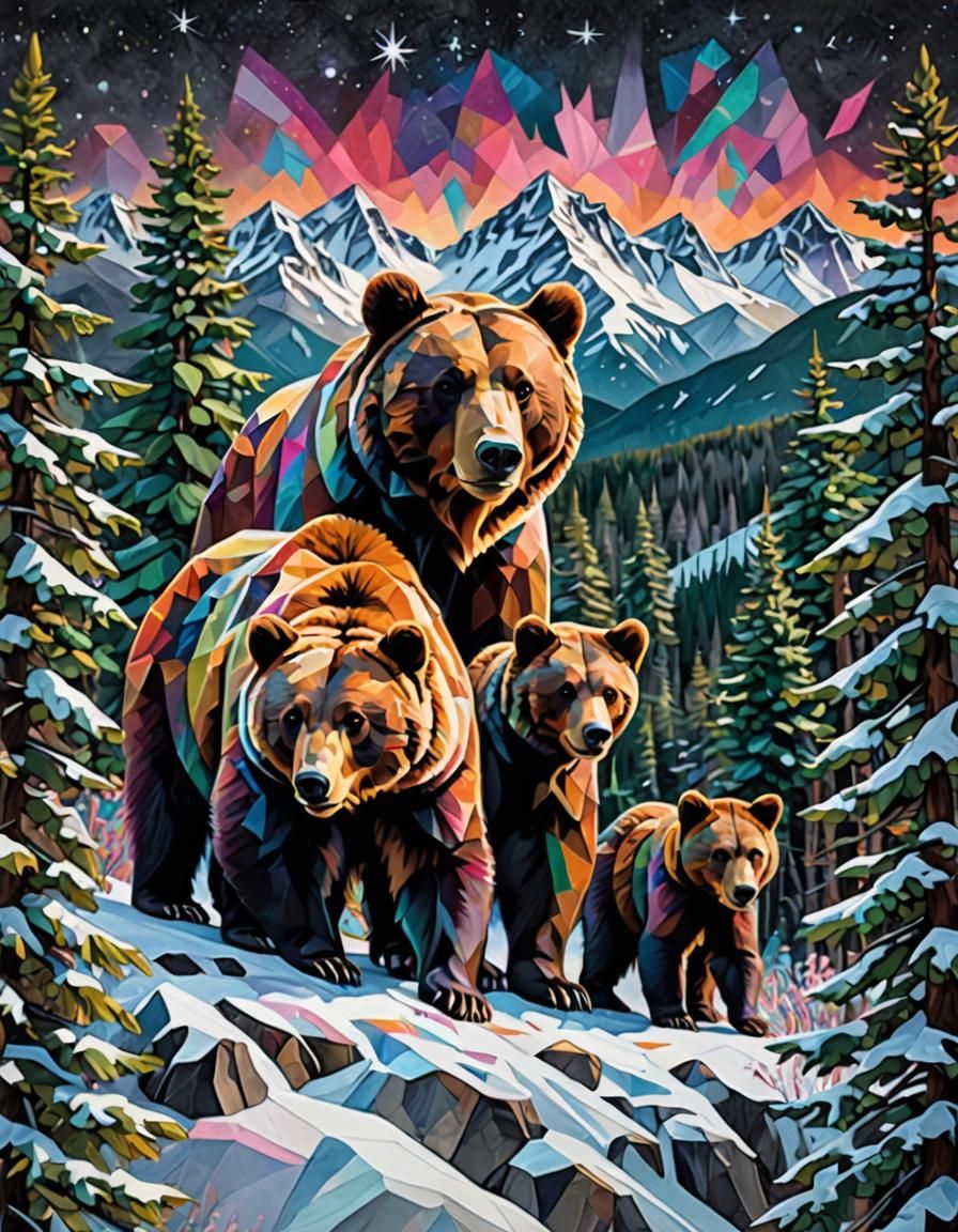 Colorful Polygonal Bears in Snowy Mountain Forest