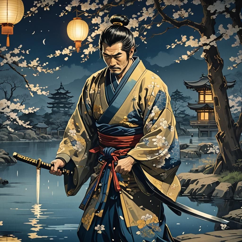 Samurai Sword in Ukiyo-e Style Temple Interior