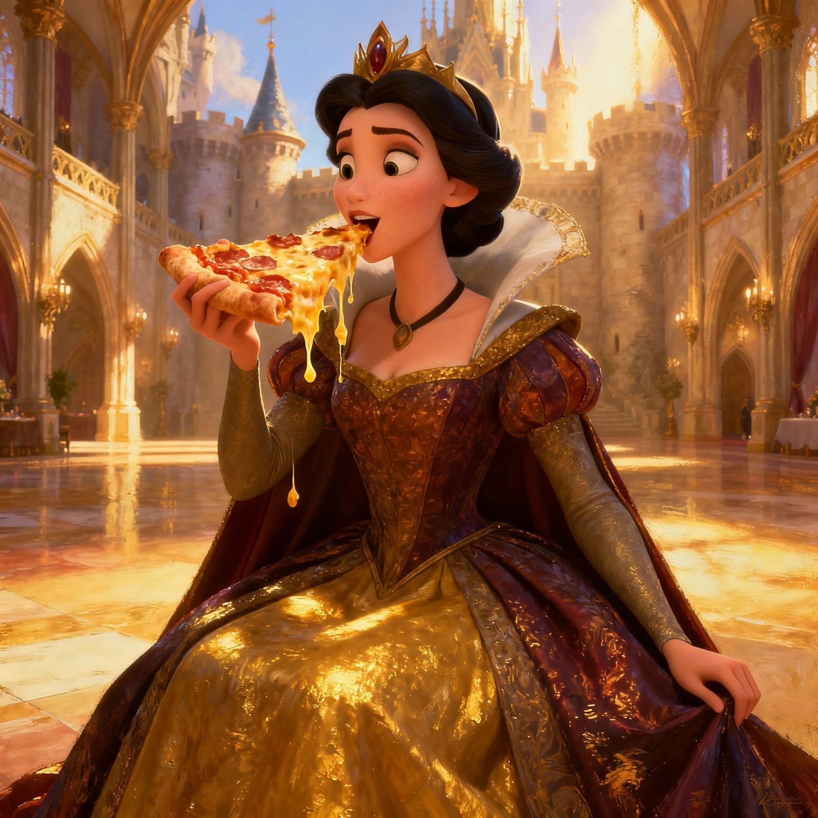 Queen Enjoys Pizza in Castle, Pixar 3D Style