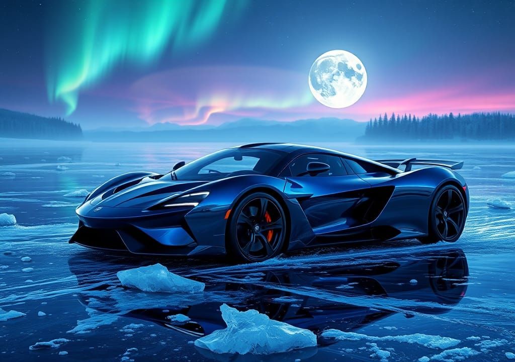 Midnight Blue Supercar Drifting on Frozen Lake
