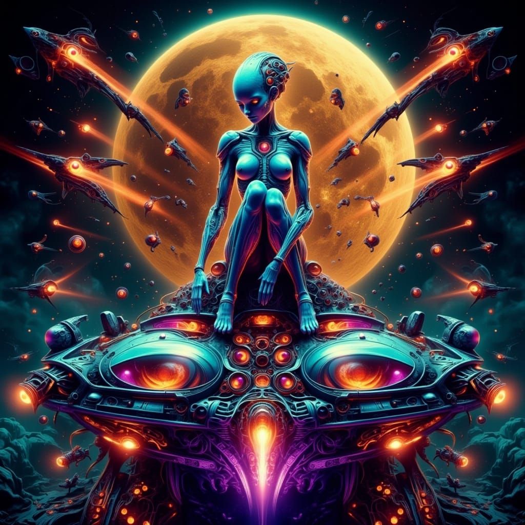 Alien Kneeling on Spaceship in Hyperrealistic Art Deco Style