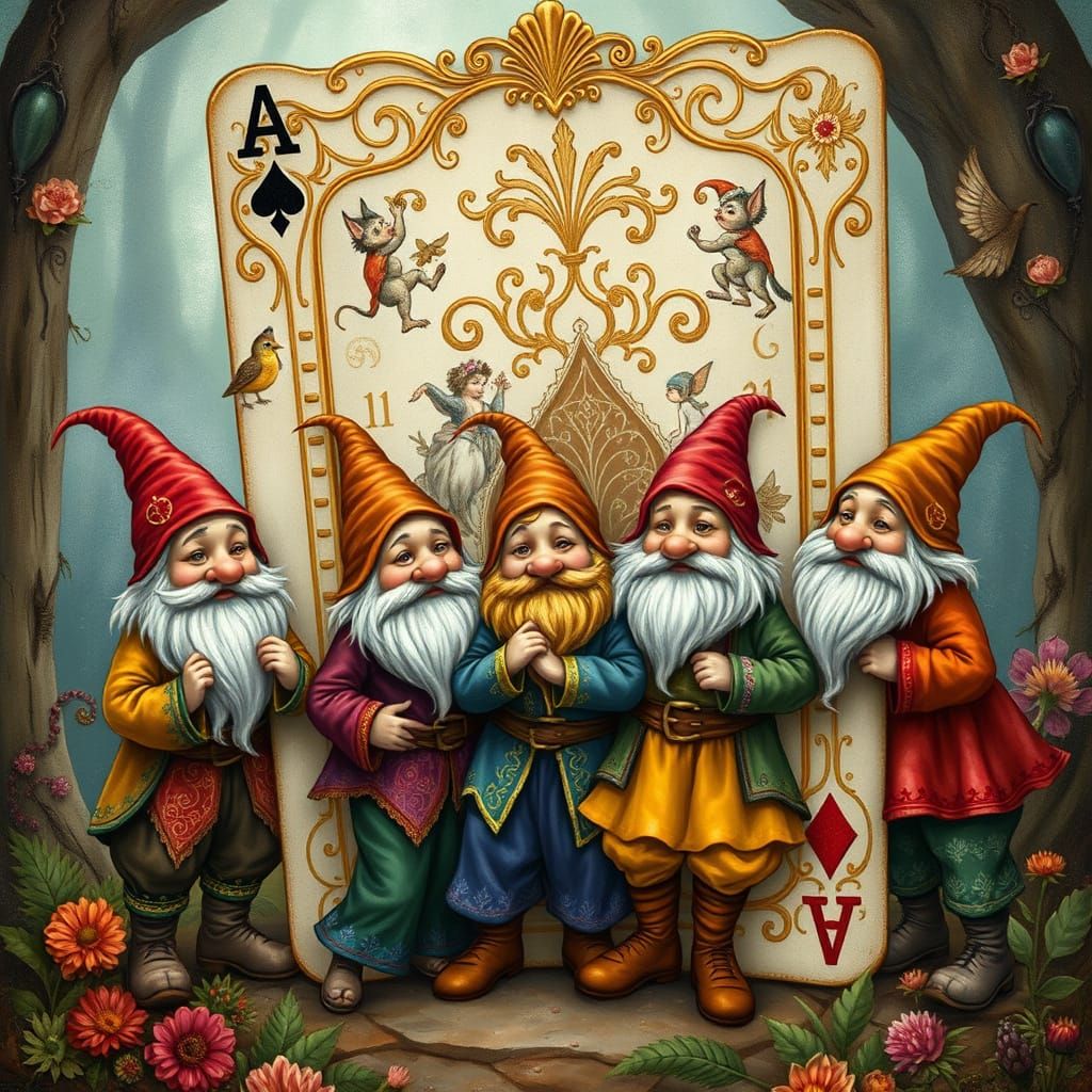 Dwarves Emerge from Playing Card in Fairy Tale Scene