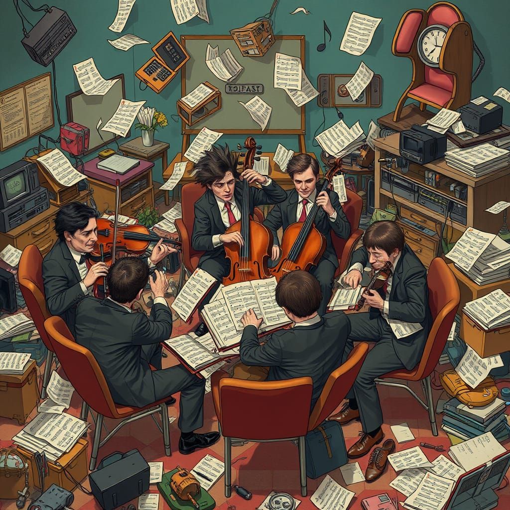 Chaotic Office Orchestra in Whimsical Surreal Style