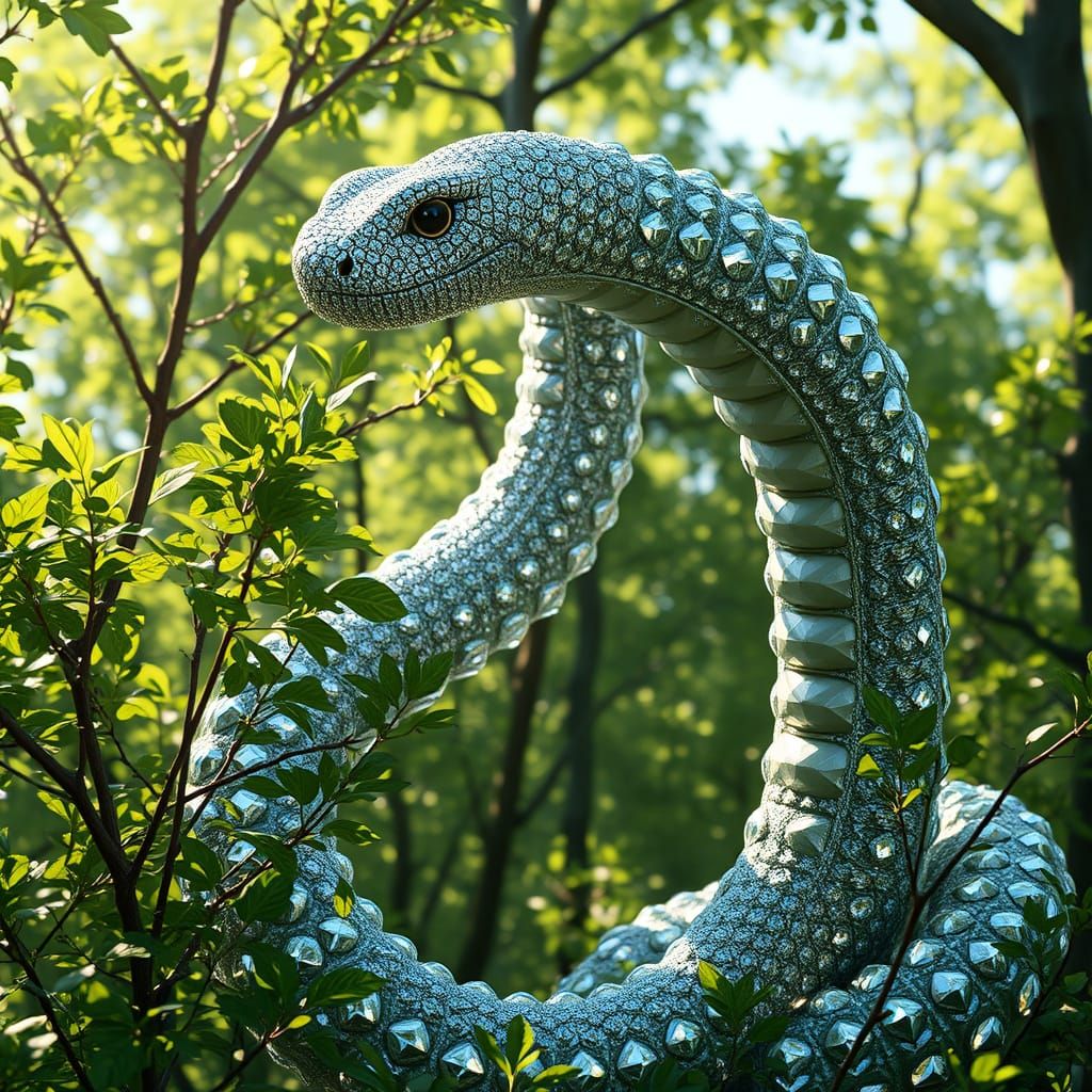 Glimmering Diamond Snake Hides Among Verdant Trees